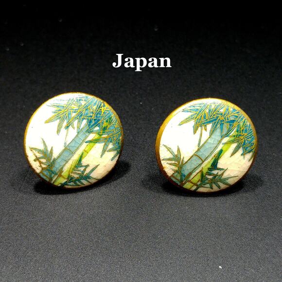 Vintage Japanese Satsuma Porcelain Earrings, Screw Backs, Bamboo Pattern - Picture 1 of 10